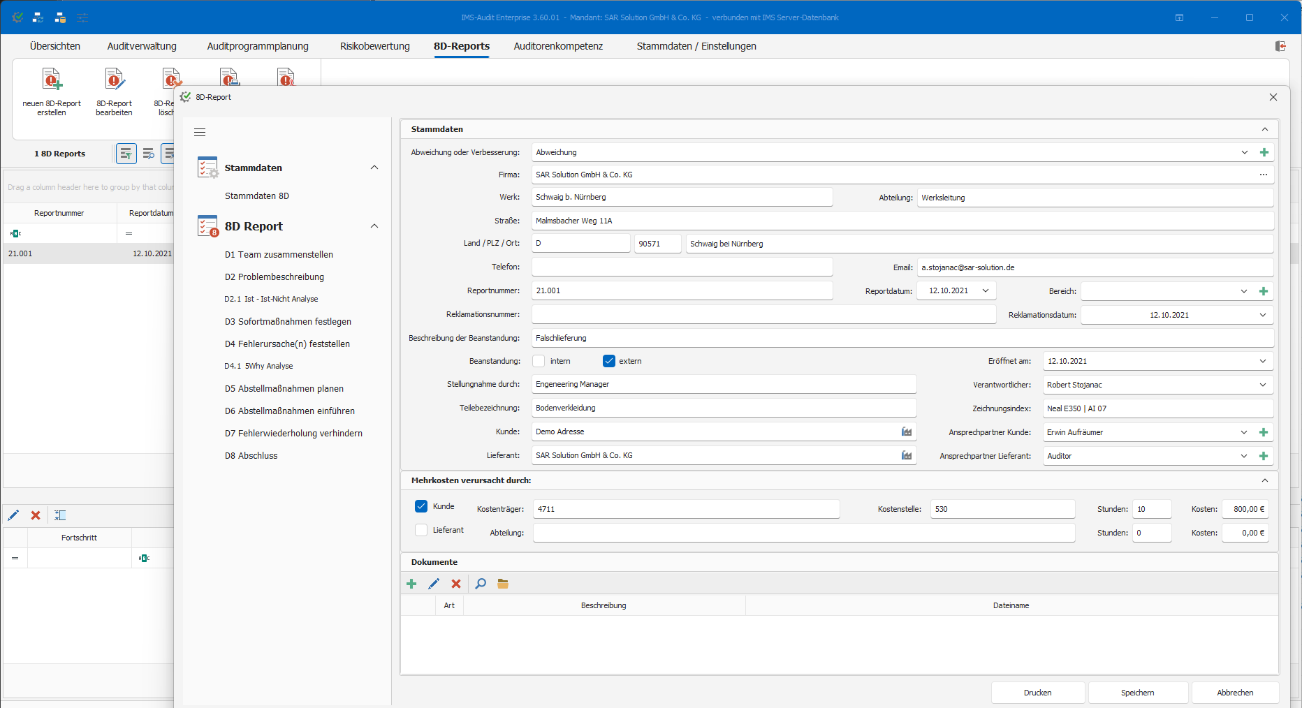 IMS-Audit Desktop – 8D-Report mit den acht Disziplinen D1 bis D8, 5-Why- und Ist-/Ist-Nicht-Analyse