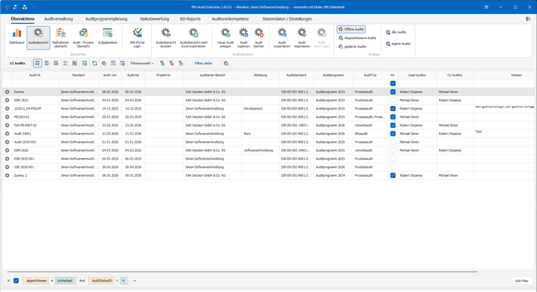 IMS-Audit Desktop – tabellarische Auditübersicht mit Filter-, Sortier- und Gruppierfunktionen
