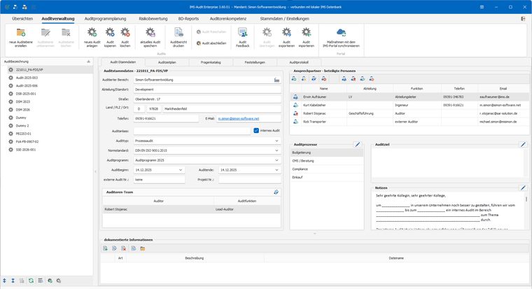 IMS-Audit Desktop – Auditverwaltung mit Auditstammdaten, Auditorenteam und beteiligten Ansprechpartnern