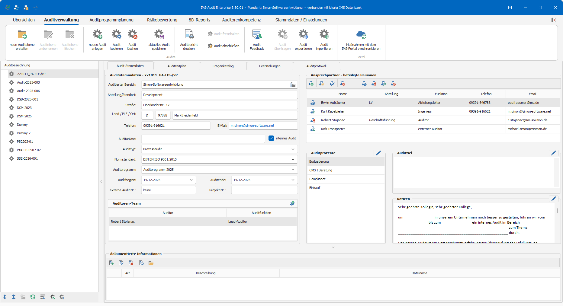 IMS-Audit Desktop – Auditverwaltung mit Auditstammdaten, Auditorenteam und beteiligten Ansprechpartnern