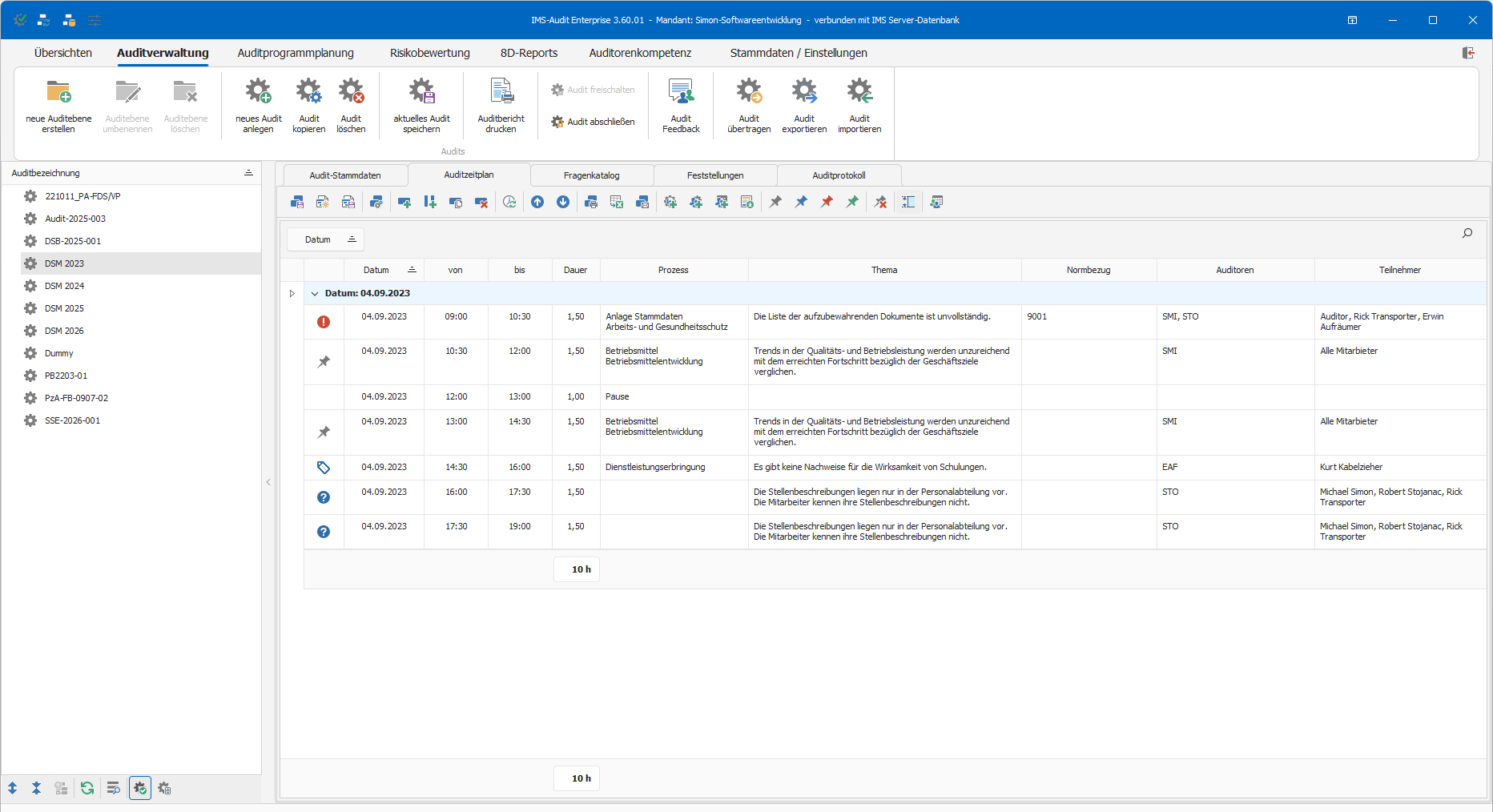 IMS-Audit Desktop – Auditzeitplan mit Zeitfenstern, Prozessen, Auditoren und automatischer Zeitberechnung