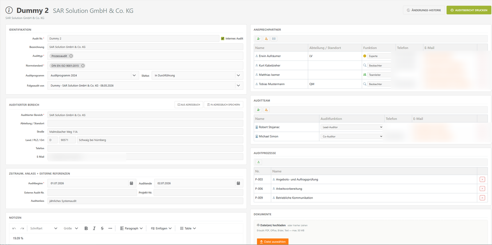 IMS-Audit Cloud – audit master data with standard, audit program, time frame, contacts, and audit team