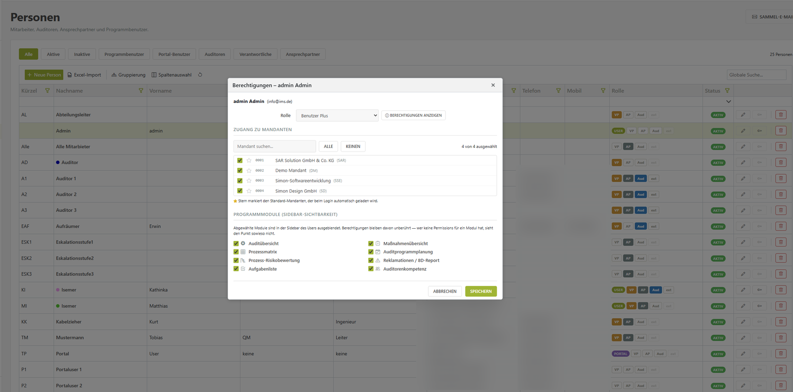 IMS-Audit Cloud – Berechtigungen je Person mit Rolle, Mandantenzugriff und Modul-Sichtbarkeit