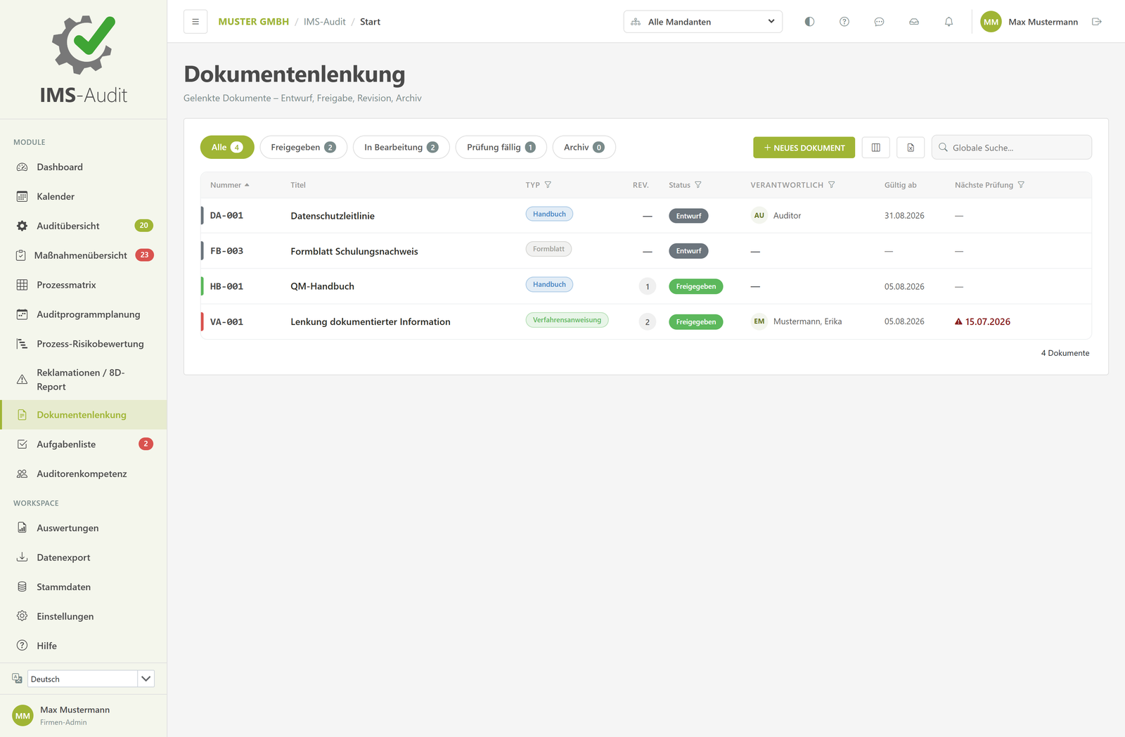 IMS-Audit Cloud – Dokumentenlenkung mit gelenkten Dokumenten, Status Entwurf und Freigegeben, Revisionsnummer, Verantwortlichem und nächstem Prüftermin