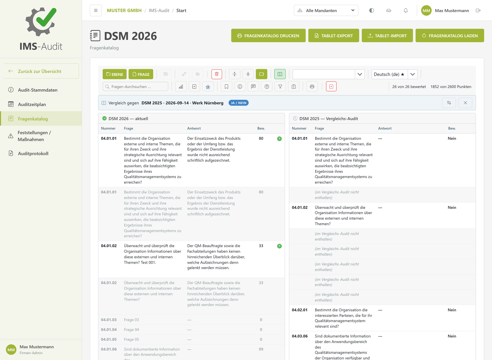 IMS-Audit Cloud – Fragenkatalog-Vergleich: zwei Auditfragenkataloge nebeneinander mit Antworten, Bewertungen und grünen Trend-Pfeilen