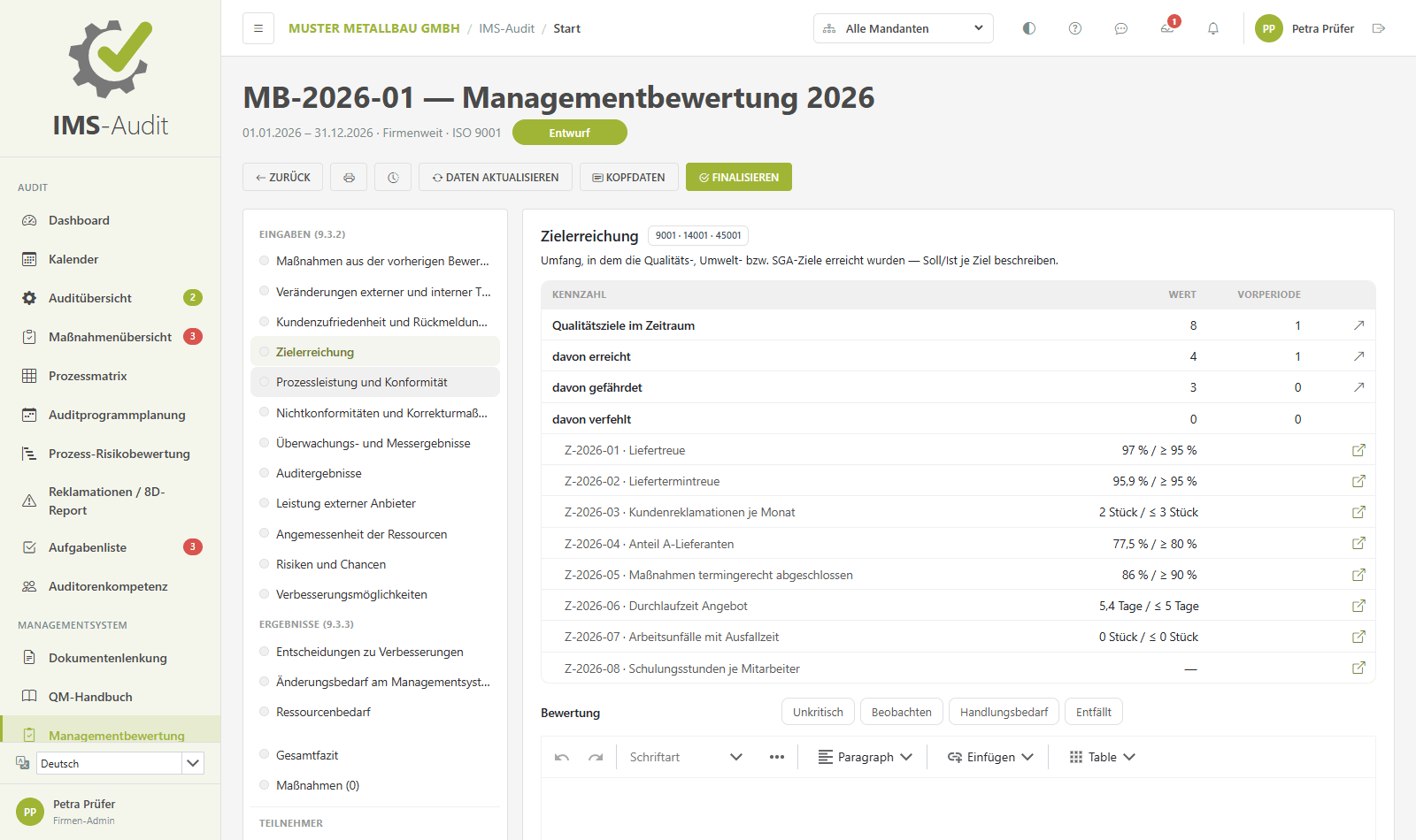 IMS-Audit Cloud – Managementbewertung mit automatisch befülltem Abschnitt Zielerreichung: Qualitätsziele im Zeitraum, davon erreicht, gefährdet, verfehlt, mit Vorperiode und einer Zeile je Ziel