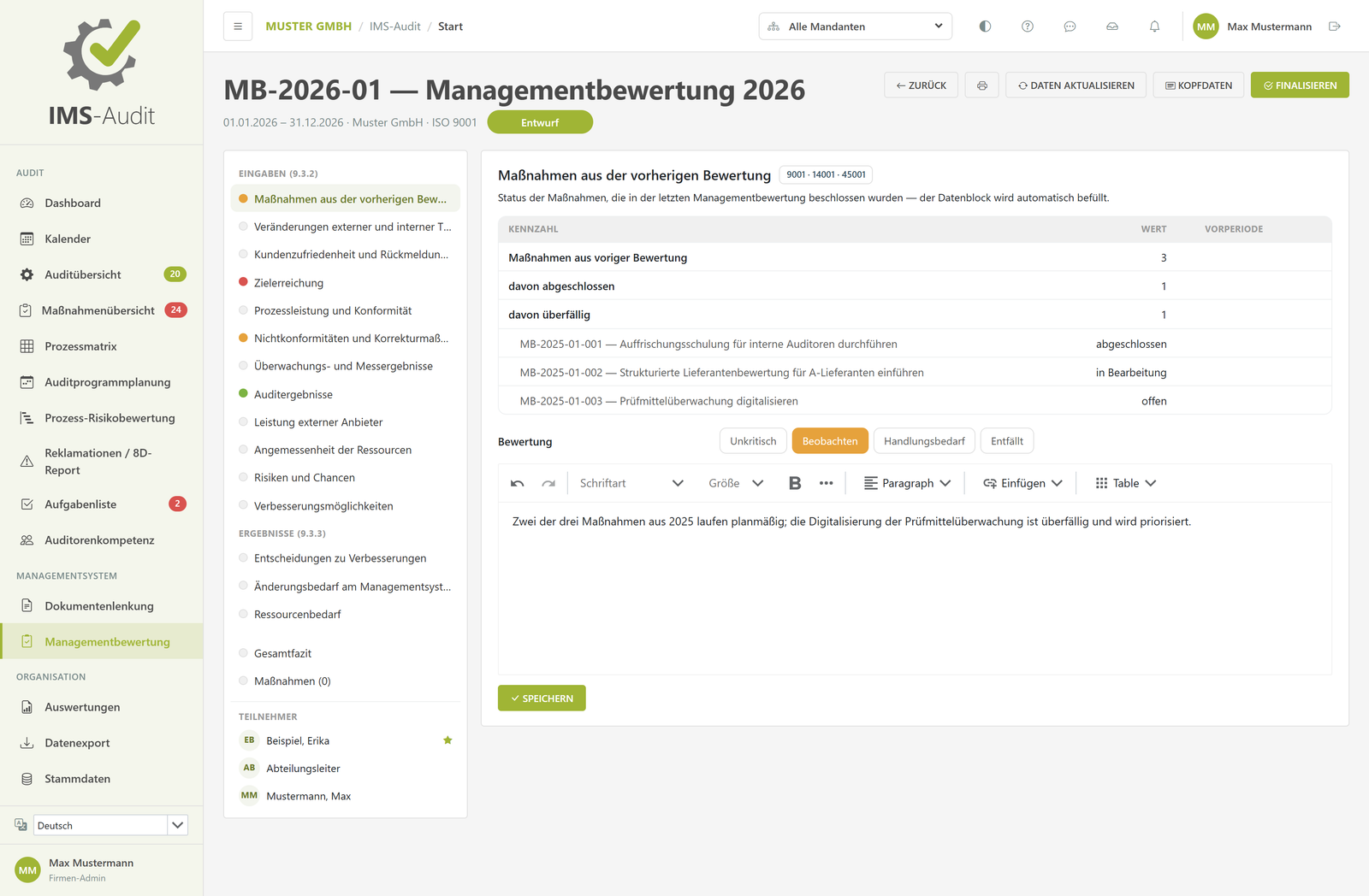 IMS-Audit Cloud – Managementbewertung im Editor mit automatisch befülltem Datenblock und Ampel-Bewertung