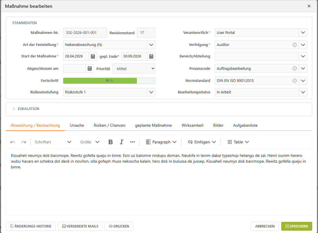 IMS-Audit Cloud – individual action with master data, root cause, planned action, and effectiveness check