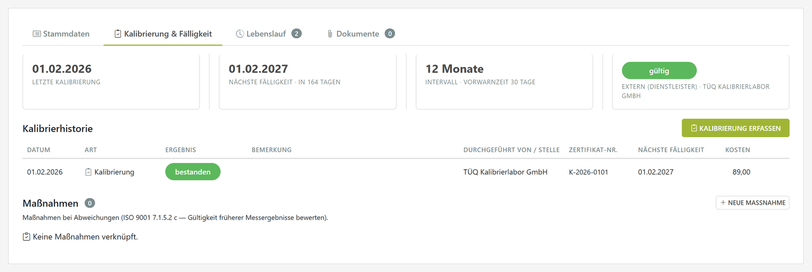 IMS-Audit Cloud – Registerkarte Kalibrierung und Fälligkeit eines Prüfmittels mit Intervall, Vorwarnzeit, nächster Fälligkeit und erfassten Kalibrierungen