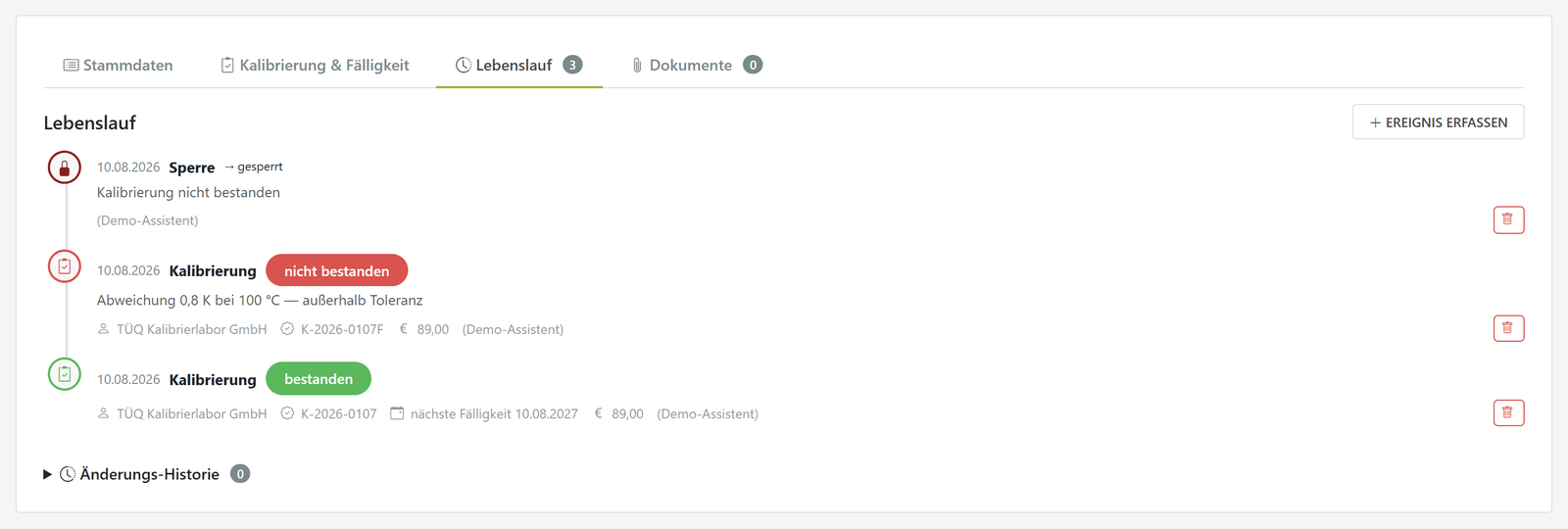 IMS-Audit Cloud – Lebenslauf eines Prüfmittels mit Kalibrierungen, Wartung, Reparatur, Standortwechsel, Ausleihe und Sperren als unveränderliche Nachweiskette
