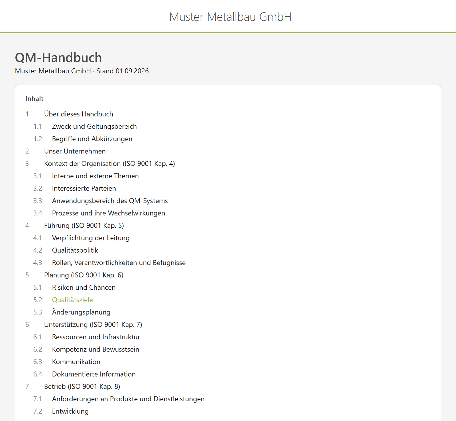 IMS-Audit Cloud – Leseansicht des QM-Handbuchs über den Leselink mit Firmenname, Stand und Inhaltsverzeichnis aller freigegebenen Kapitel