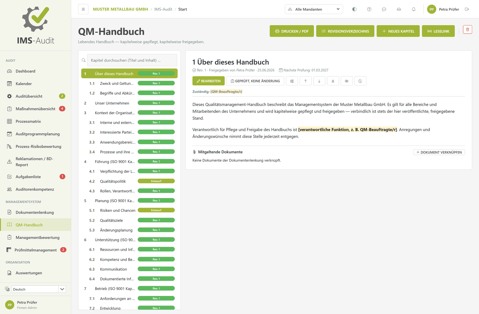 IMS-Audit Cloud – QM-Handbuch mit Kapitelbaum, Kennzeichen Rev. 1 oder Entwurf je Kapitel, Lesemodus mit Freigabestand, nächster Prüfung und mitgeltenden Dokumenten