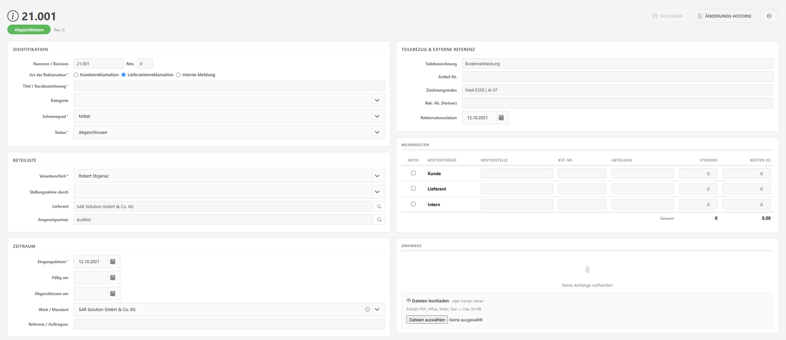 IMS-Audit Cloud – complaint with type, part reference, participants, time frame, and additional costs