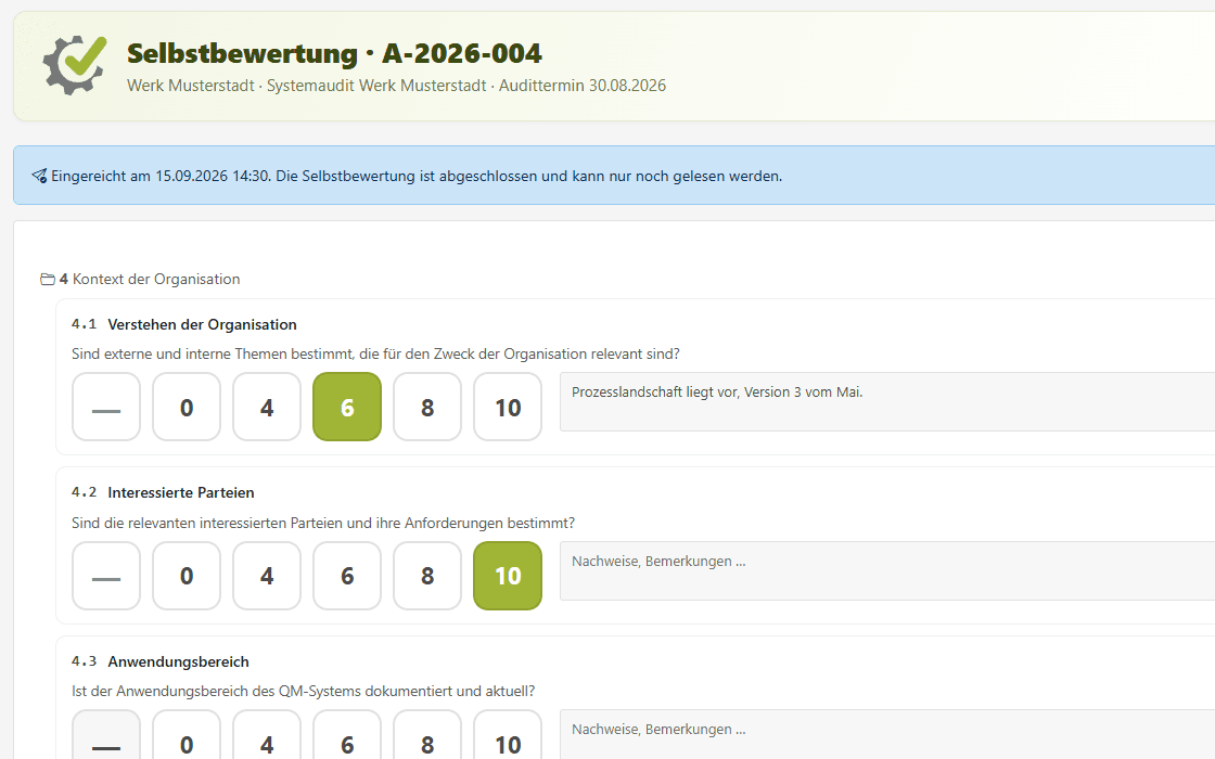 IMS-Audit Cloud – Selbstbewertung im Portal: der auditierte Bereich bewertet die Fragen des Fragenkatalogs und hinterlegt Nachweise