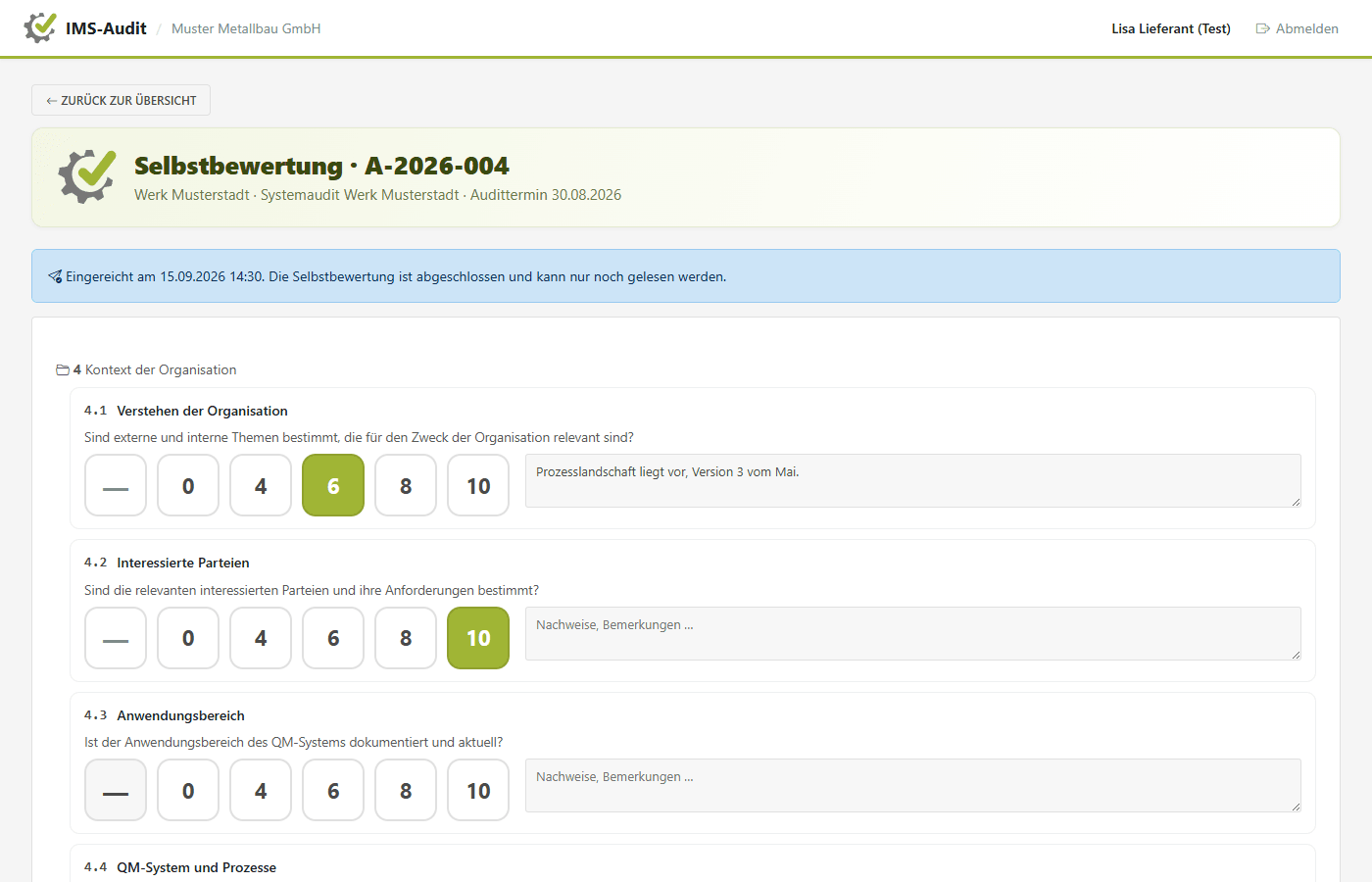 IMS-Audit Cloud – self-assessment in the portal: catalogue questions with rating scale and evidence text, submitted and read-only