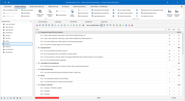 IMS-Audit Desktop – Fragenkatalog mit Kategorien, Bewertung und automatischer Ergebnisberechnung
