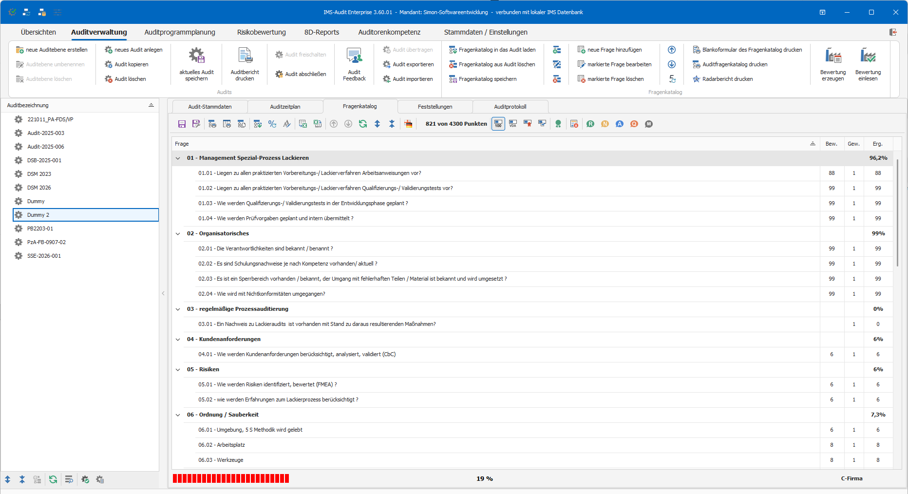 IMS-Audit Desktop – Fragenkatalog mit Kategorien, Bewertung und automatischer Ergebnisberechnung in Prozent