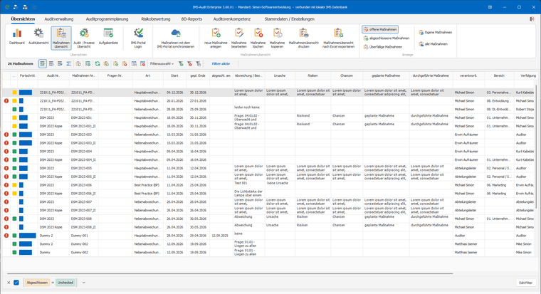 IMS-Audit Desktop – Maßnahmenübersicht mit Fortschritt, Fälligkeiten, Verantwortlichen und Bereichen