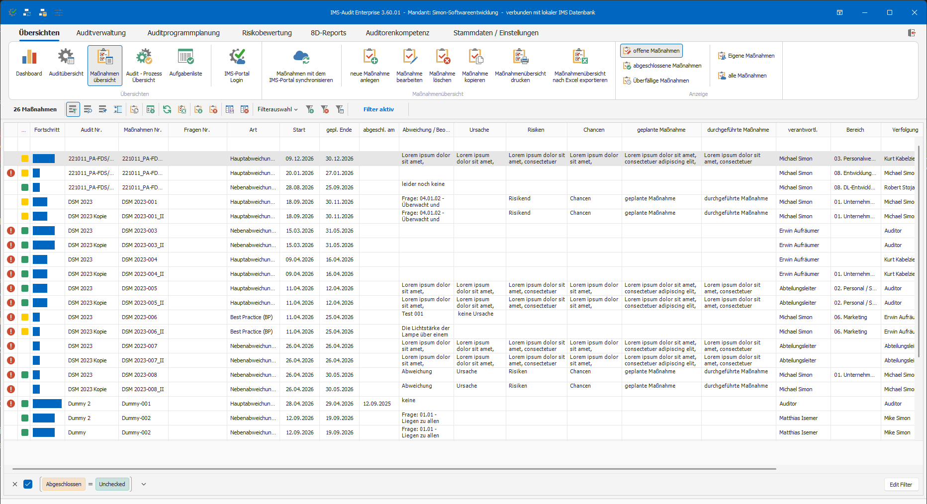 IMS-Audit Desktop – Maßnahmenübersicht mit Fortschritt, Fälligkeiten, Verantwortlichen und Bereichen